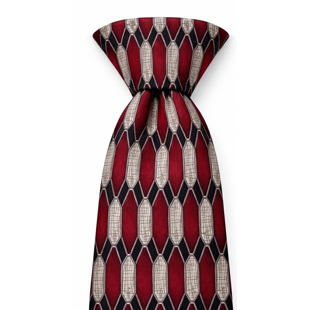 Pierre Cardin Printed‎ 100% Silk Red Gray Black Art Deco Neck tie USA Long 64